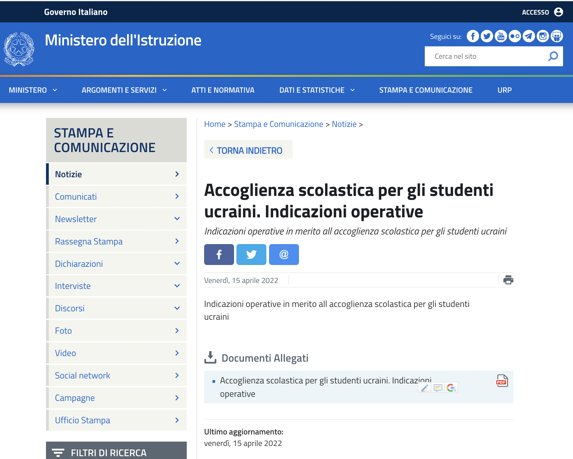 Ministero Dell’Istruzione_ Prot. N. 781 Del 14 Aprile 2022 “Accoglienza ...